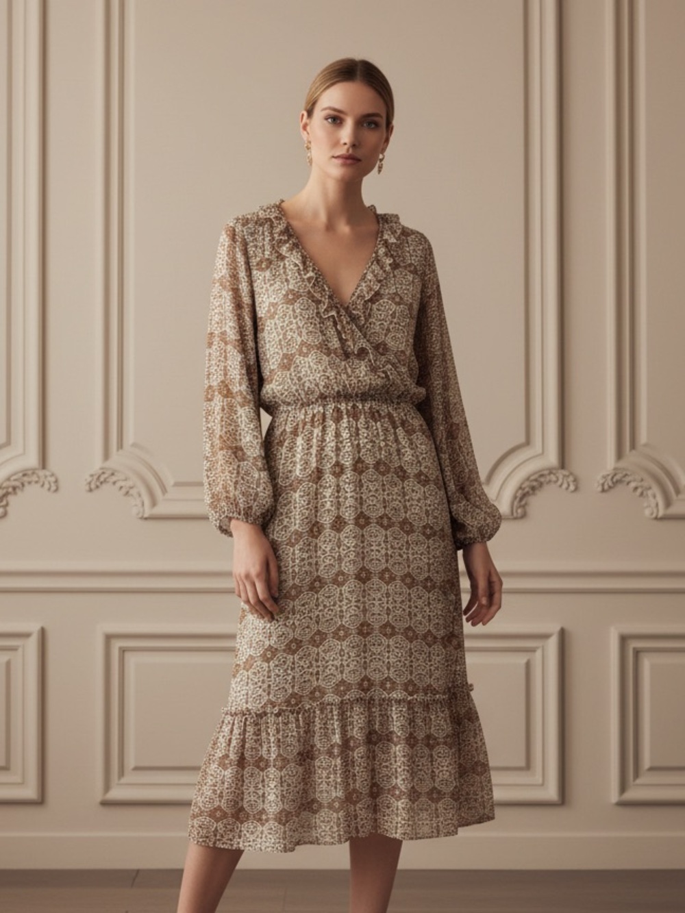Hayden Los Angeles Printed Brown V-Neck Midi Dress with Elastic Waist - Picture 1 of 3